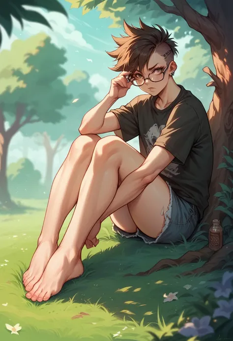 punk girl with glasses and a dark shirt, blurred green grass and trees in the background, short brown hair, detailed face,       sitting with her feet in the air high quality, high resolution