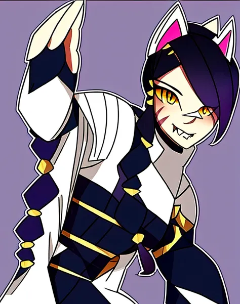 1 girl, Alone, wide, looking at the viewer, black fur, bandage on face, yellow eyes, animal ears, SMILE, bandage on nose, braid, cat ears, bandage, hits, old, fake animal ears, simple background, Open mouth, canine, , bare shoulders, SCAR, teeth, shirt, ba...