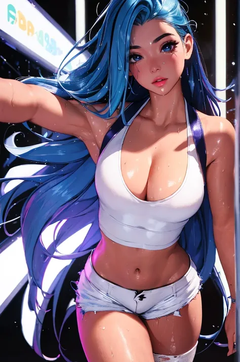 (best quality: 1.2), clean face, (masterpiece: 1.2, 8k)(PureErosFace_V1: 0.7), perfect anatomy, 1girl,a beautiful fashion model ,(masterpiece, official art, best quality) (wet skin, shiny skin) ,long and shiny hair, blue hair with streaks in hair, long hai...