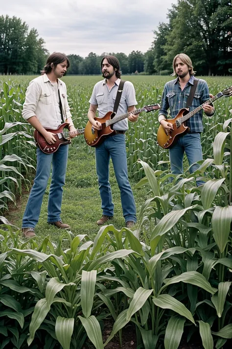 Create an image featuring the 3 members of the band Nirvana working in a corn garden.Kurt Cobain, Krist Novoselic, and Dave Grohl dressed casually and dicking the ground