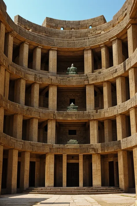 Circular stone hall with goddess statue 