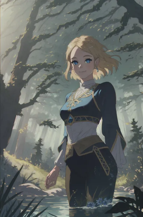 princess zelda, plain forest background, masterpiece, solo, best quality, beautiful eyes, blue_eyes, blonde_hair, smile, medium_breasts, bangs,  looking at viewer, smile, closed mouth, water drops, Ultra detailed fantasy environment, [mountains:forest:0.3]...