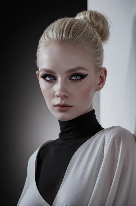 woman pretty, blonde, slicked back bun hair, blonde hair , big breast,  sexy, pale skin , wearing black-turtleneck, eyeliner ,white skin,foxy eyeliner , makeup ,pale woman painting, beautiful light deep focus, elegant, digital painting, smooth, dramatic li...