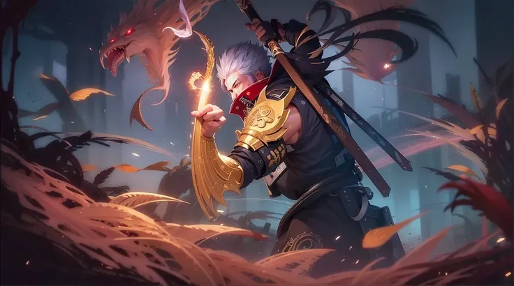 a close up of a person with a handsome face and a sword, Masterpiece, ultra HD, detailed all picture, a close up of a Ninja Exorcist, Hayabusa from mobile legend, good, extremely detailed artgerm, mobile legends character, inspired by Hayabusa, Six pack ch...