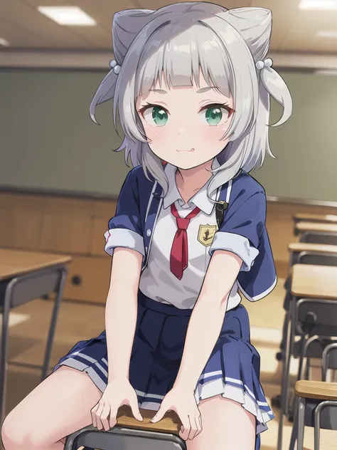 indoor,((classroom)),,focus from below, green eyes, grey hair, hair ornaments, bangs, virtual youtuber, blunt bangs, double bang...