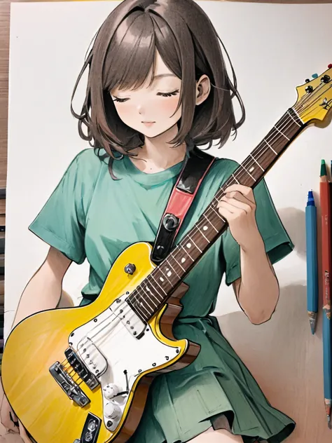 1girl,colored pencil, play guitar