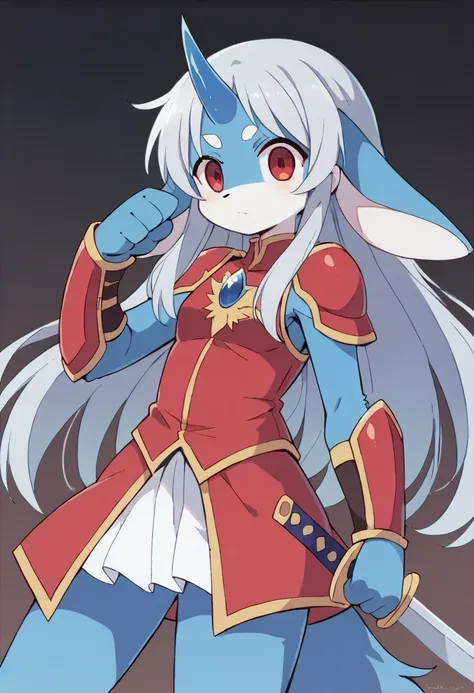 ((masterpiece)), (Highest quality))), 1人のgirl,(Big animal ears,White and blue fur,), whole body, Silver Hair, Eyes Hair, Beautiful red eyes,One horn on the forehead, Princess Cut, Short skirt,Shyness, woman, girl,Black and red armor dress, furry girl,アルミサー...