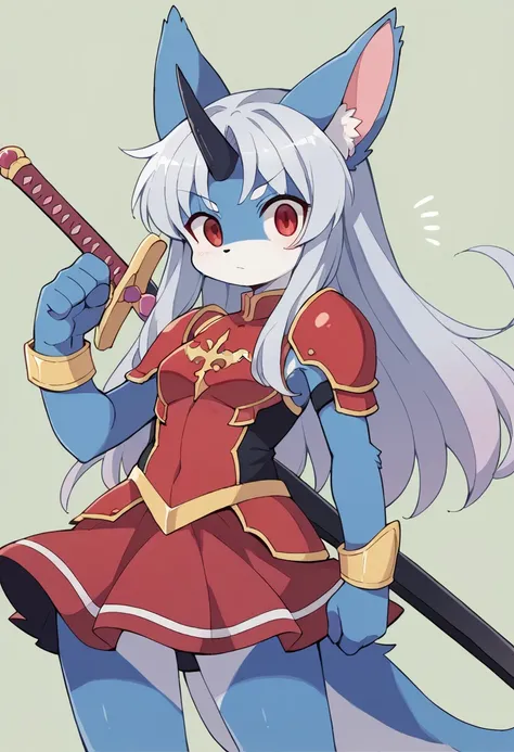 ((masterpiece)), (Highest quality))), 1人のgirl,(Big animal ears,White and blue fur,), whole body, Silver Hair, Eyes Hair, Beautiful red eyes,One horn on the forehead, Princess Cut, Short skirt,Shyness, woman, girl,Black and red armor dress, furry girl,アルミサー...