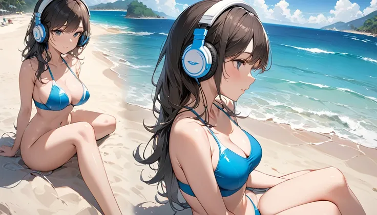 ((Top Quality)), ((Masterpiece)), ((Details)), perfect face, perfect body, sitting on the beach, listening to music, wearing headphones, wearing swimsuit, swimsuit transparent, tight with buttocks and breasts exposed Woman with clothes on and face visible