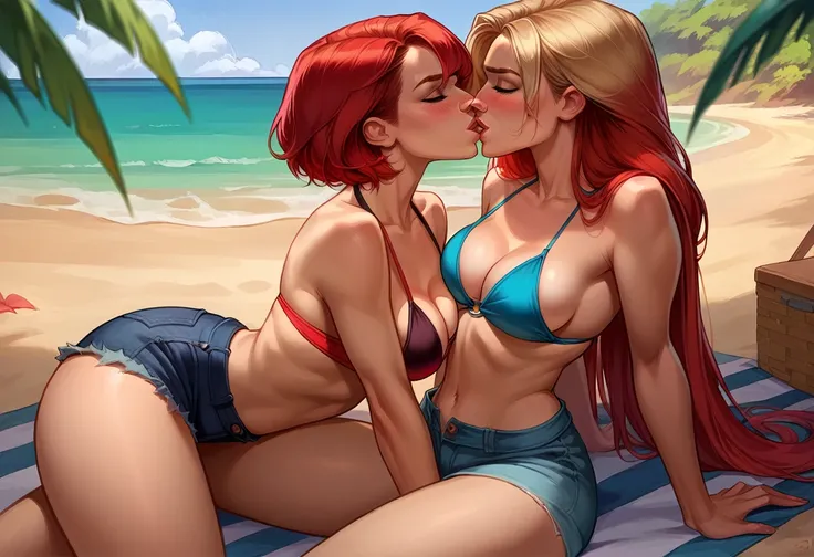 score_9, score_8_up, score_8_up, source_cartoon, 2girls, (short hair Gwen Stacy:1.0), (MJ Watson, long flowing hair, red hair:1.0), girlfriends, lovers, yuri, cleavage, bikini top, shorts, sexy thicc thighs, beach, outdoors, kissing, blush.