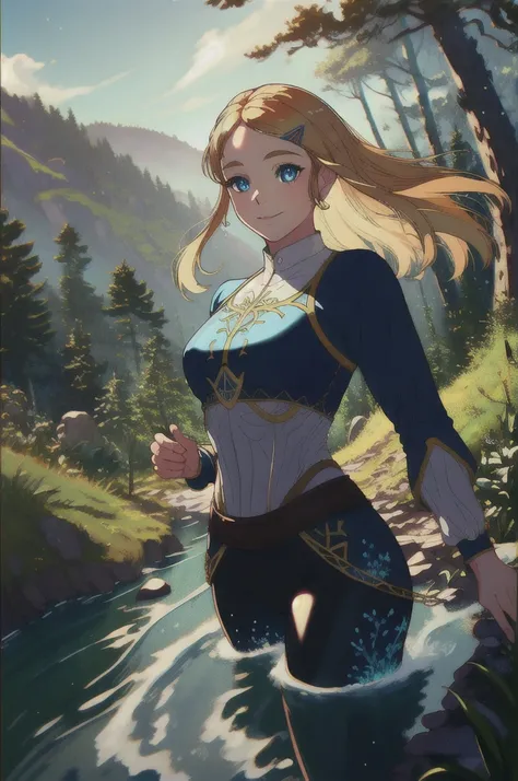 princess zelda, plain forest background, masterpiece, solo, best quality, beautiful eyes, blue_eyes, blonde_hair, smile, medium_breasts, bangs,  looking at viewer, smile, closed mouth, water drops, Ultra detailed fantasy environment, [mountains:forest:0.3]...