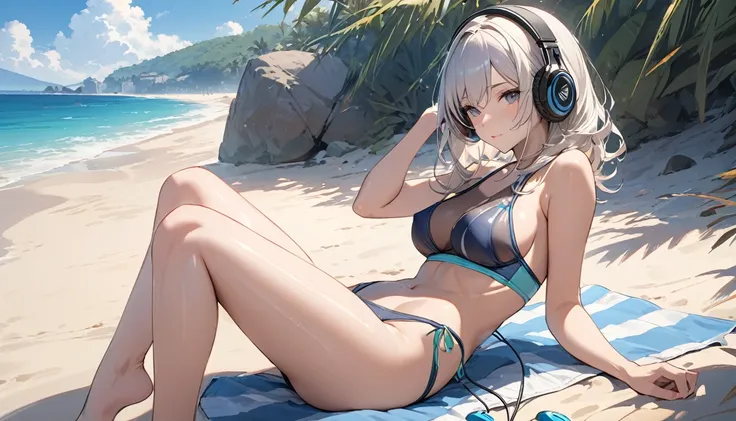 ((Top Quality)), ((Masterpiece)), ((Details)), perfect face, perfect body, sitting on the beach, listening to music, wearing headphones, wearing swimsuit, swimsuit transparent, tight with buttocks and breasts exposed Woman with clothes on and face visible