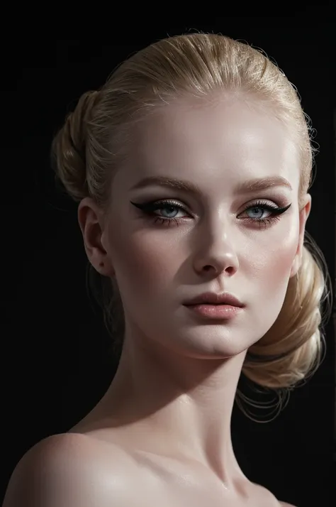 woman pretty, blonde, slicked back bun hair, blonde hair ,pale skin , eyeliner ,white skin,foxy eyeliner , makeup ,pale woman pa...