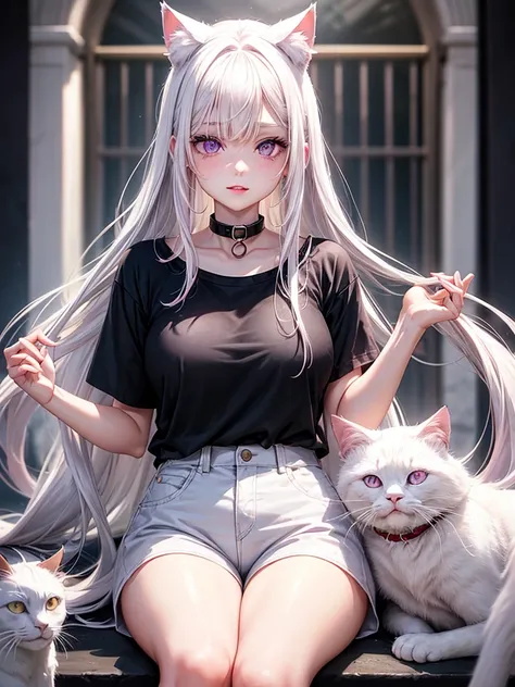 1 woman,beautiful white hair,beautiful purple eyes,Light pink blush,Light Red Lipstick,Facing the camera,Wearing a black T-shirt.,shorts,white skin,Put on a collar,White cat ears,The cat&#39;s tail is white with a bell at the end.,Standing in the bedroom i...