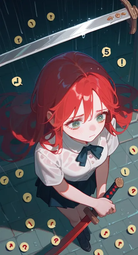 punctuation_9,punctuation_8_High above,punctuation_7_High above,1 a girl, holding a long sword, sad, with rain, red hair,