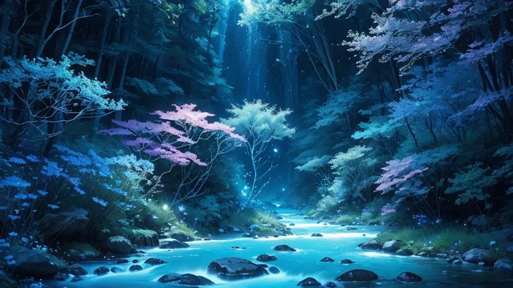 (High resolution, realistic, 4K, super detailed, masterpiece:1.2)Animal trail along the forest stream, twinkling stars in the night sky, floating jellyfishs in the sky, delicate glowing aquamarine flowers blooming along the riverbank, a dreamlike blue worl...