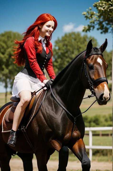 A very beautiful bright red-haired girl rides on a black horse