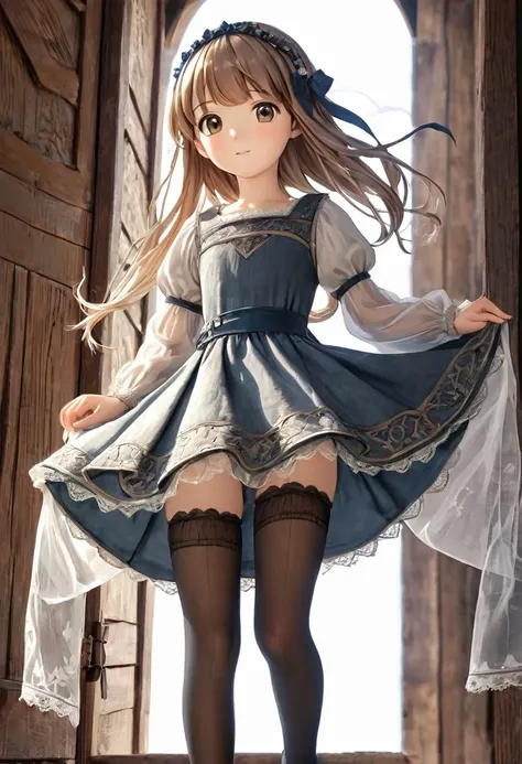 10 year old girl underwear, Realistic panties made from patterned cotton fabric, Medieval one-piece dress with panniers, Fabric Realism, Low - Angle, You can see the drawer, Pull up the dress by hand, Strong winds, Translucent slip, Translucent slip, tight...