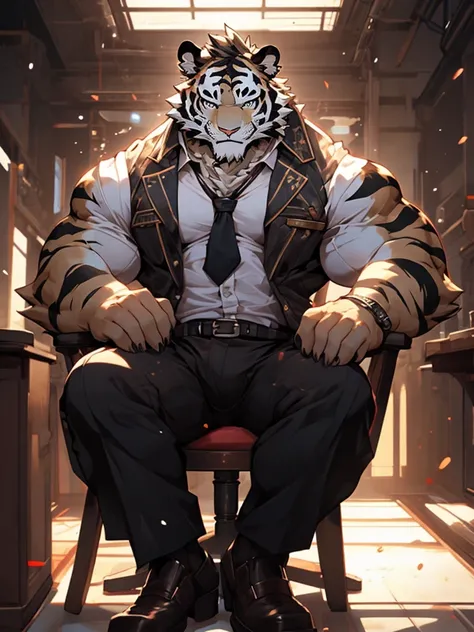 ((bara extremely handsome white tiger,)) ((white fur,)) white, wearing military like ornate trench coat, trousers, white dress shirt and necktie, white fluffy furry body and limbs, loafers, very tall, very broad shoulders, narrow waist, muscular arms, mass...