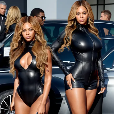 Beyonce, wearing a short leather bodysuit, standing next to a supercar 