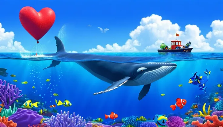 Create a 3-D Pixar style art scene for kids featuring a blue whale with a heart as big as a small car next to it. The scene should be colorful and vibrant, with an ocean background, coral reefs, and schools of fish. The overall mood should be engaging and ...