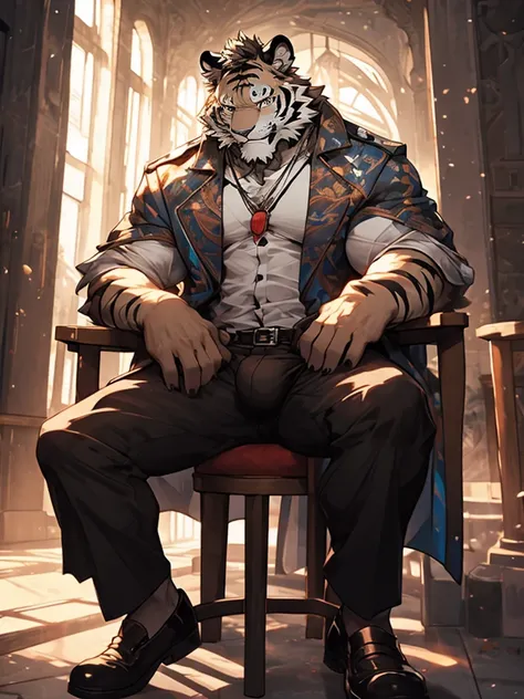 {{bara extremely handsome white tiger,}} {{white fur,}} white, wearing military like ornate trench coat, trousers, white dress shirt and necktie, white fluffy furry body and limbs, loafers, very tall, very broad shoulders, narrow waist, muscular arms, mass...