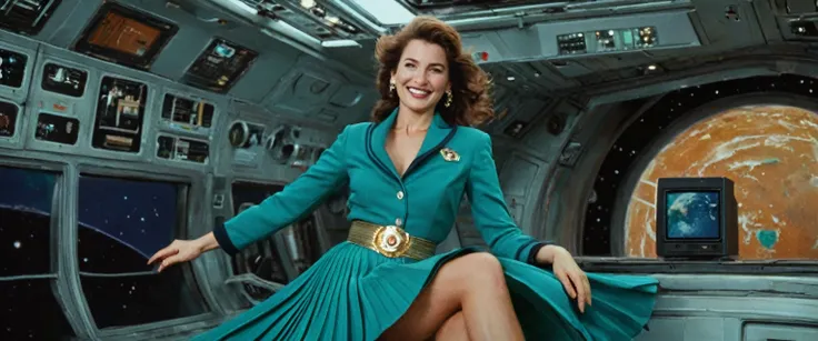 (authentic:1,5) (shy smiling:1,1) woman admiring her teal colored skirt on a space ship, wearing short blazer and very very detailed (long (pleated) full circle skirt) and (low heeled office shoes), she has gold medals for bravery, very very intricate hype...