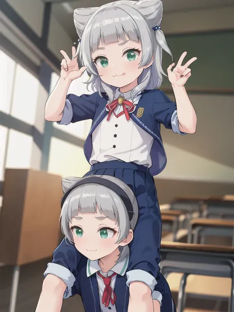 indoor,((classroom)),,Focus from below, Green Eyes, Grey Hair, hair ornaments, bangs, Virtual YouTuber, blunt bangs, Double Bang, Animal ears, Flat Chest,uniform,1boy,Piggyback ride,