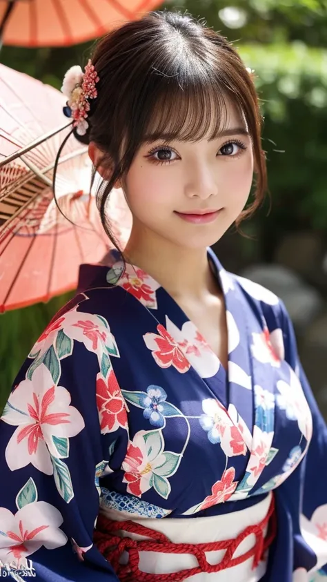 （8k、high resolution、High resolution、Fine details）Beautiful eyelashes、High resolutionの顔、Zoom out、18 years old、 Beautiful detailed eyes、Random cute hairstyles、c cup breasts、yukata、Summer festival、Japan、Standing posture、whole body