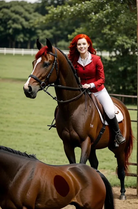 A very beautiful girl with bright red hair rides on a black horse