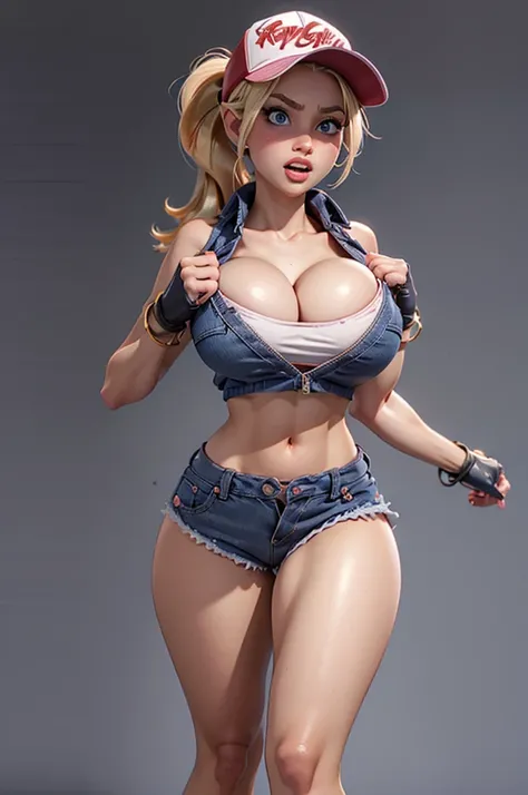 (masterpiece), best quality, expressive eyes, perfect face, highres, (8k), (perfect face), (ultra details), 1 girl, solo, terry bogard girl, blonde hair, ponytail, blue eyes, long hair, baseball cap, fingerless gloves, denim shorts, shoes, hands on own che...