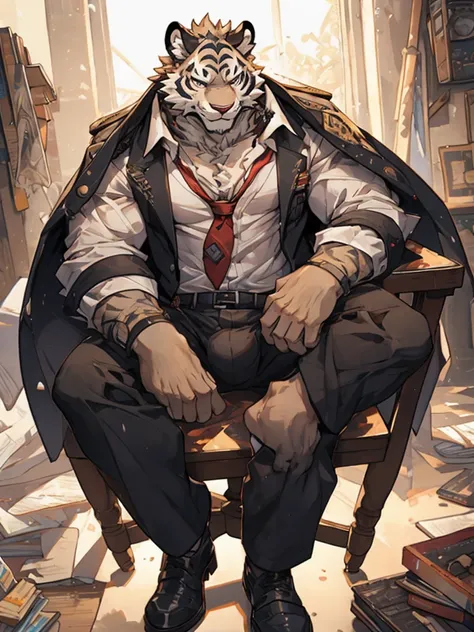 {{bara extremely handsome white tiger,}} {{white fur,}} white, wearing military like ornate trench coat, trousers, white dress shirt and necktie, white fluffy furry body and limbs, loafers, very tall, very broad shoulders, narrow waist, muscular arms, mass...