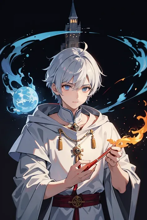 masterpiece, Highest quality, High resolution，Anime Style、Anatomically correct、Silver Hair、Short Hair、male、Wizard、White Robe、magic、A small blue ball of fire and a small red ball of fire、With an ancient castle in the background、Upper body only