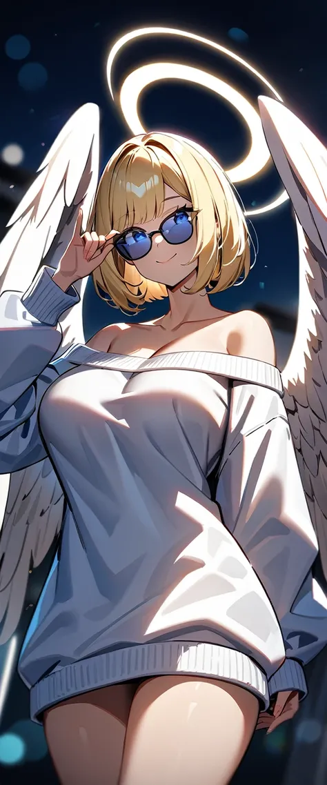 ((angel, big big white wings:1.3, halo:1.3)), ((from below)), (((sunglasses, hand to sunglasses))), (((cowboy shot))), archangel Uriel, ((wavy hair, inward curled hair)), evening, Sunset, ((blond hair, bob cut:1.3)), big breasts, teenager, (looking at view...