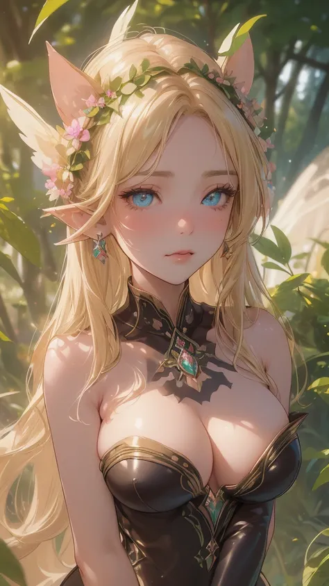  (Villain Expression), ( frown ) work of art, ultra creative, epic details, ultra detaild, best resolution, Woman, archer, blonde, (Beautiful nymph), ( robust wreath of leaves and pink and blue flowers), sculptural body, (brown clothes made of leather), ((...