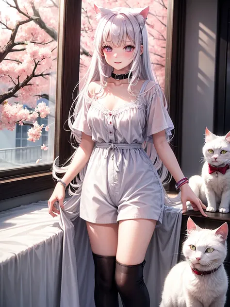 1 woman,beautiful white hair,beautiful purple eyes,Light pink blush,Light Red Lipstick,Facing the camera,Wearing a black T-shirt.,shorts,white skin,Put on a collar,White cat ears,smile a little,Standing in the bedroom in the morning,Put on a bracelet,(8K i...