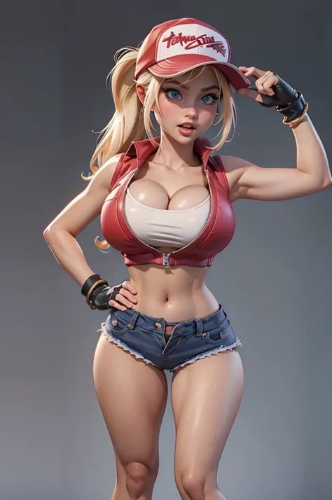 (masterpiece), best quality, expressive eyes, perfect face, highres, (8k), (perfect face), (ultra details), 1 girl, solo, terry bogard girl, blonde hair, ponytail, blue eyes, long hair, baseball cap, fingerless gloves, denim shorts, shoes, hands on own che...