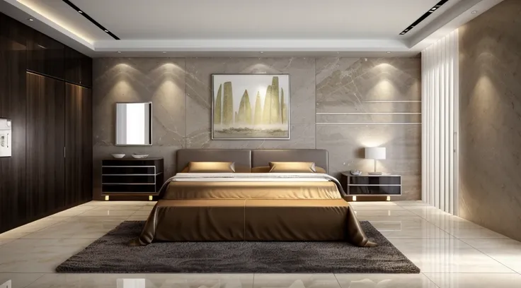 Modern bedroom, (dinner details: 1.2), brown luxury bed, tropical style ceramic combo on the wall, marble floor, 1 large photo on the wall, gray painted walls, warm lighting , 1 dressing table with 1.8-inch chair, 1 bedside cabinet, white ceiling, recessed...