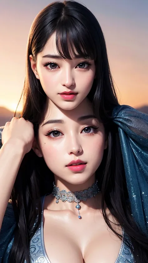 Beauty, Mystical Eyes、Big 、Super sexy、Pale skin、Shiny Hair、Bob Hair、Loose and fluffy perm、Black Hair、Are fat、fat、smile、Heavy makeup、Pink lipstick、Thick lipoisturized lips、Plump、Voluptuous、Indian、spring、Blue sky、White cloud、looking at the camera、Has bangs、B...