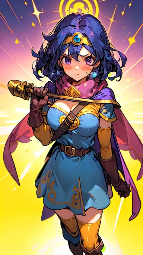 masterpiece,  look at viewer, 1girl, standing, 独奏, face focus,
Hermione Granger,  broken (dq3),circlet, flat breasts, cleavage, strapless, blue dress, purple cape, thighhighs, gloves, boots, belt, scabbard,knee boots, embarrassed, school,(Big Tits 1.5)