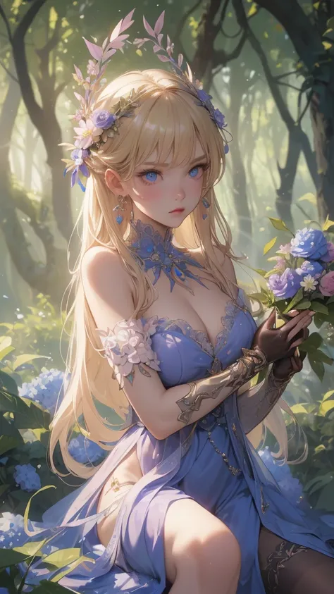  (evil villain), ( frown ) work of art, ultra creative, epic details, ultra detaild, best resolution, Woman, archer, blonde, (Beautiful nymph), ( robust wreath of leaves and pink and blue flowers), sculptural body, (brown clothes made of leather), ((perfec...