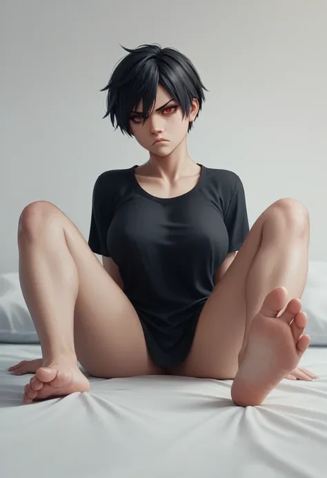 woman with, short black hair, Red eyes, serious look, with a black shirt, big breasts,  sitting on the edge of the bed with blue sheet, showing her legs, and raising the, shown her soles. 3D