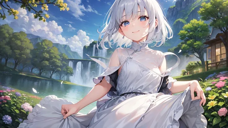 Ultra HD,Look at the viewers, Put your hands behind your back, With a girl, 20-year-old, 非常にShort Hair, Long bangs between the eyes, Pale blue eyes,  Very detailed,(masterpiece、Highest quality),Gray Hair、Laughter、Fantastic, Silver Hair, Iris,  Short hair、 ...