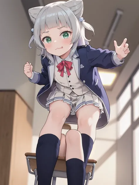 indoor,((classroom)),,Focus from below, Green Eyes, Grey Hair, hair ornaments, bangs, Virtual YouTuber, blunt bangs, Double Bang, Animal ears, Flat Chest,uniform,1 boy,Piggyback ride,