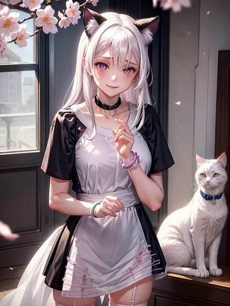 1 woman,beautiful white hair,beautiful purple eyes,Light pink blush,Light Red Lipstick,Facing the camera,Wearing a black T-shirt.,shorts,white skin,Put on a collar,White cat ears,smile a little,Standing in the bedroom in the morning,Put on a bracelet,(8K i...