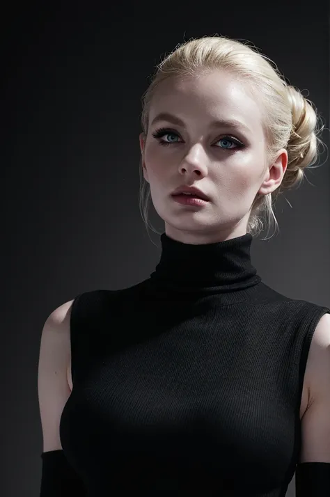 woman pretty, blonde, slicked back bun hair, blonde hair , big breast,  sexy, pale skin , ((wearing black turtleneck dress)) wit...