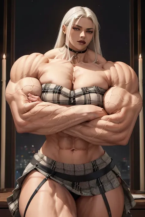 ((((Massive tall, beautiful, buff, light brown skinned muscular woman with white hair, black lipstick, ginormous bulky muscles , crossed arms and wearing a white plaid off shoulder cropped top and beautiful long pleated skirt)))), (close view), (massive mu...