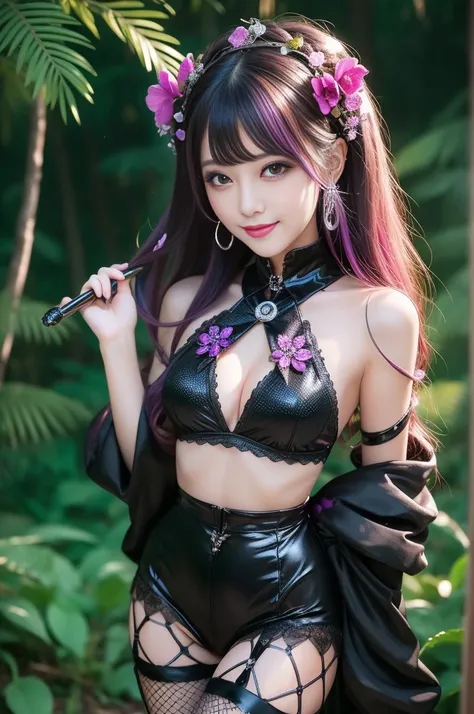 sexy stylish female who controls poison、beautiful smile、lip-gloss、long lashes、dramatic makeup、look at the camera、full body Esbian、、sparkling poisoned enchanted flower costume、、、、shiny sparkling multicolor hair、secrete poison、skull hair accessories、fishnet ...