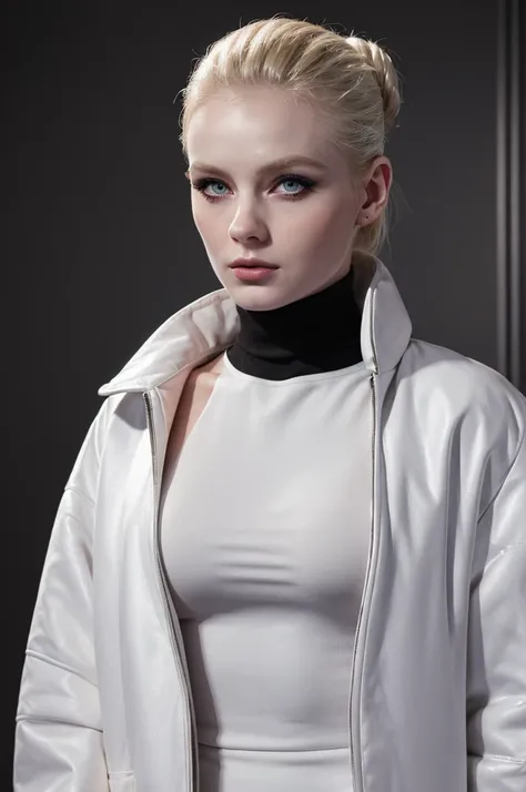 woman pretty, blonde, slicked back bun hair, blonde hair , big breast,  sexy, pale skin , ((wearing black turtleneck dress with white jacket )) , doctor woman , eyeliner ,white skin,foxy eyeliner , makeup ,pale woman painting, beautiful light, elegant, dig...