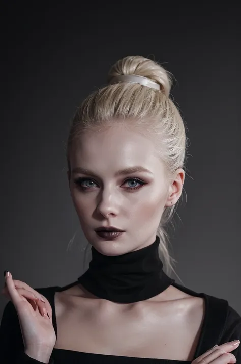 woman pretty, blonde, slicked back bun hair, blonde hair ,pale skin , ((wearing black turtleneck dress with doctor jacket )) , d...